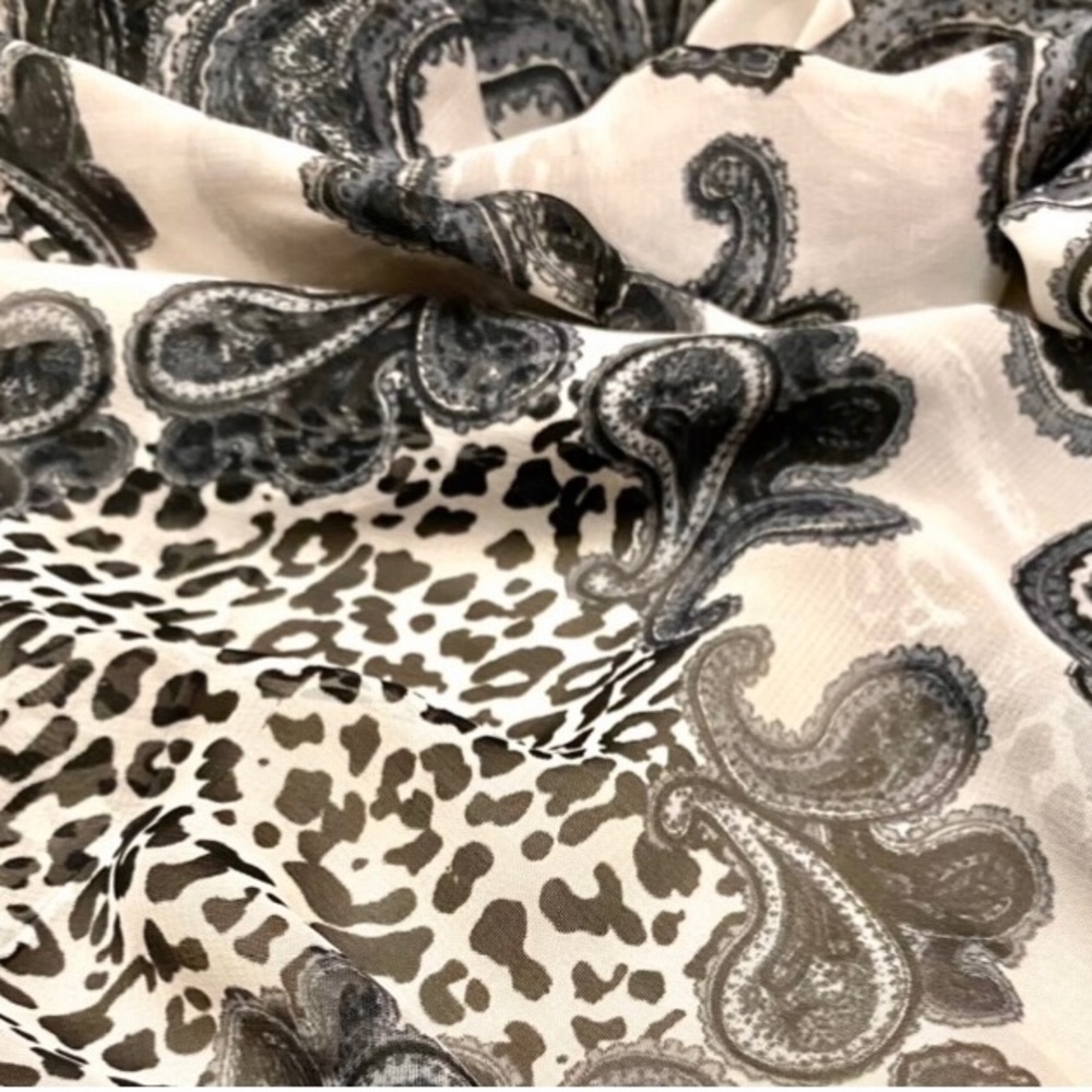 Paisley and leopard scarf. Black, grey and white chiffon. 4 feet